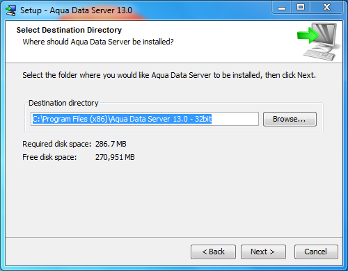 Aqua Data Server v13.0 Windows Installer Destination Directory Selection