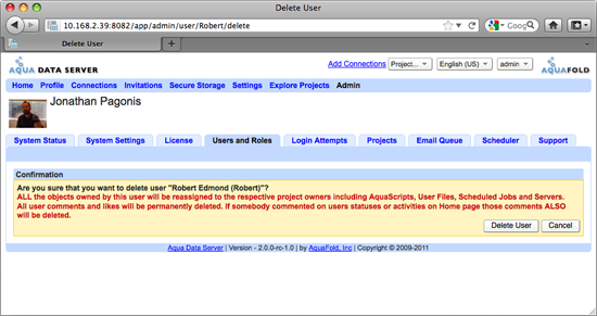 Aqua Data Server - System User - Delete User