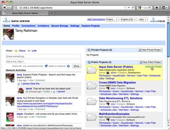Aqua Data Server - User Home - Leave Project