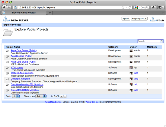 Aqua Data Server - Explore Projects