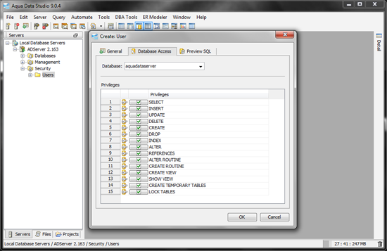 Aqua Data Server - Database - Create New User - Database Access Privileges