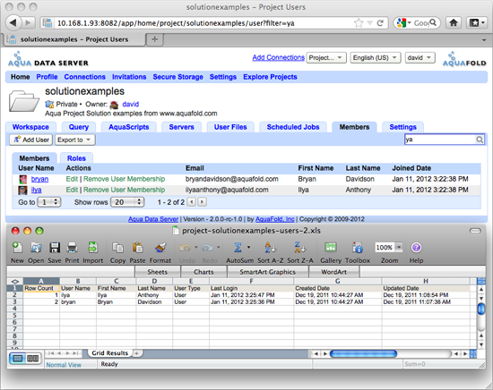 Aqua Data Server - Project - User Management - Users Exported