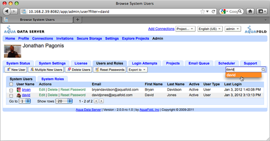 Aqua Data Server - System Users - Search