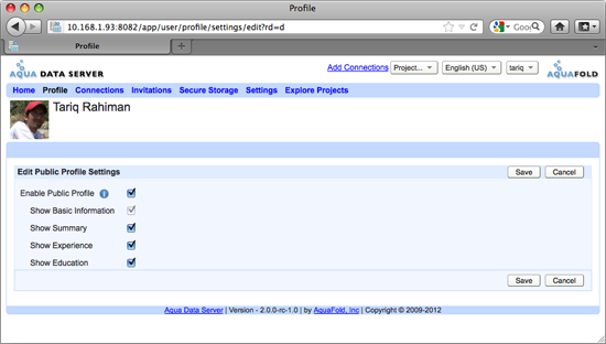 Aqua Data Server - User Home - Settings - Public Profile Settings