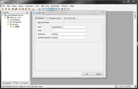 Aqua Data Server - Database - Create New User