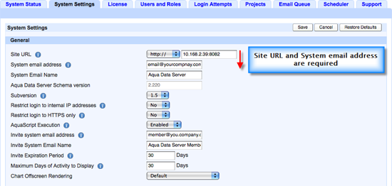 Aqua Data Server - Configuration - Site URL and System email address are required