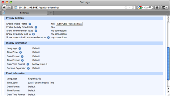 Aqua Data Server - User Home - Settings - Privacy Settings