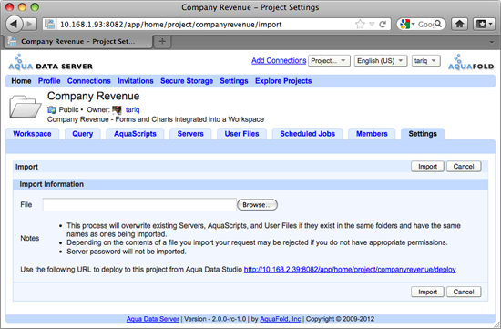 Aqua Data Server - Project - Settings - Import Project Package