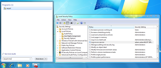 Aqua Data Server - Windows Local Security Policy - secpol msc command