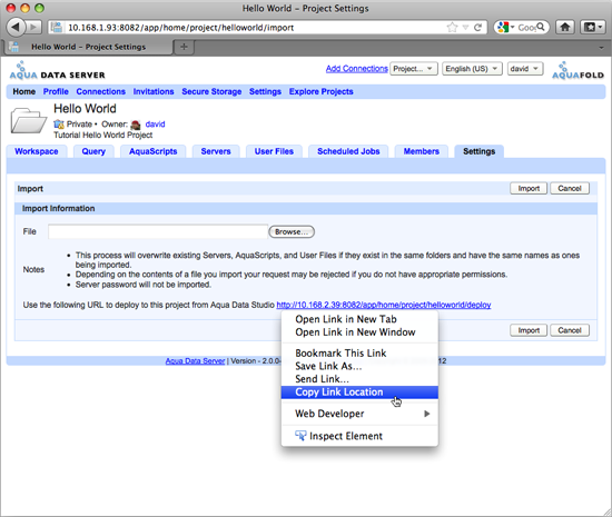 Aqua Data Server - New Project - Helloworld - Copy Deploy URL