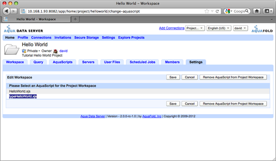 Aqua Data Server - Helloworld Project - Workspace Selected