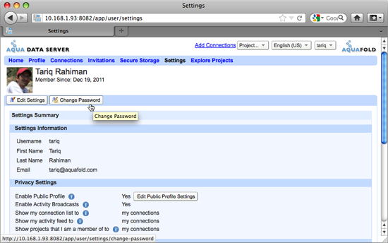 Aqua Data Server - User Home - Settings - Change Password