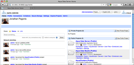 Aqua Data Server - User Home - Admin User
