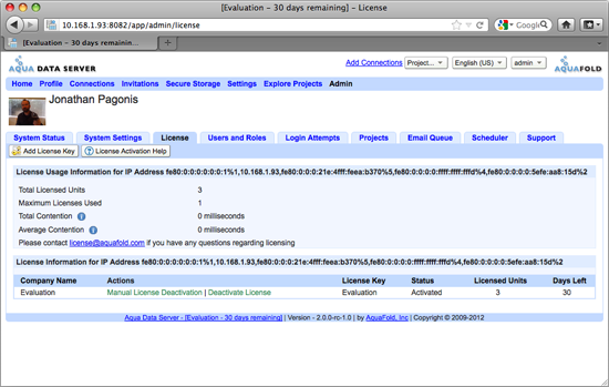 Aqua Data Server - License Tab