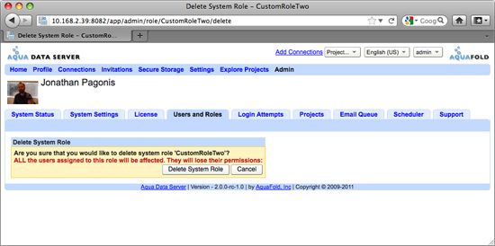 Aqua Data Server - System Users - System Role - Delete Confirmation