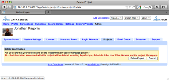 Aqua Data Server - Project Administration - Delete Project Confirmation