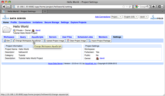 Aqua Data Server - Helloworld Project - Change Workspace