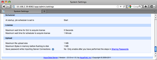 Aqua Data Server - System Settings - License - Max Wait