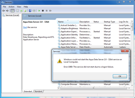 Aqua Data Server v2.0 - Service Not Starting 