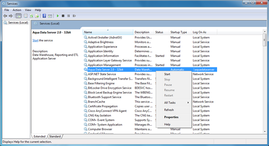 Aqua Data Server v2.0 - Windows - Service - Start 