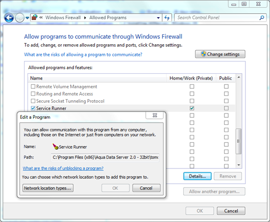 Aqua Data Server v2.0 - Windows - Control Panel - Windows Firewall - Service Runner 