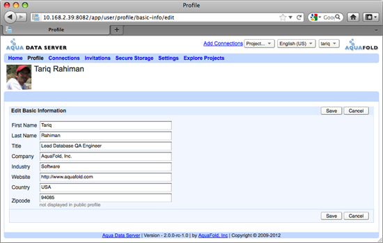 Aqua Data Server - User Profile - Edit Basic Information