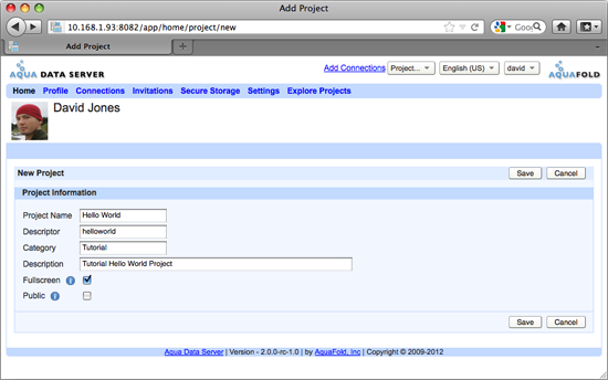 Aqua Data Server - New Project - Helloworld Details