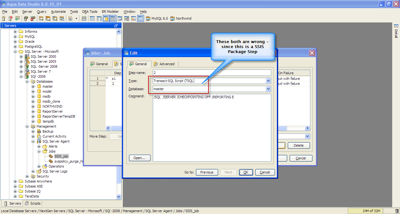  3671 sql server alter job with ssis step aqua data studio
