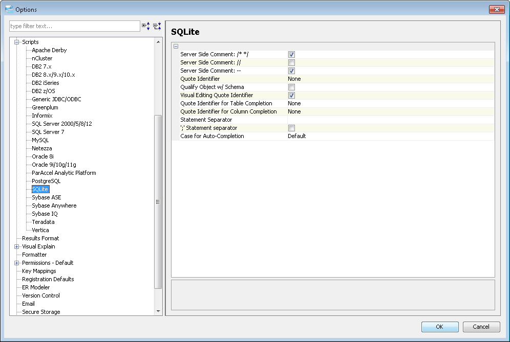 Scripts Options - SQLite