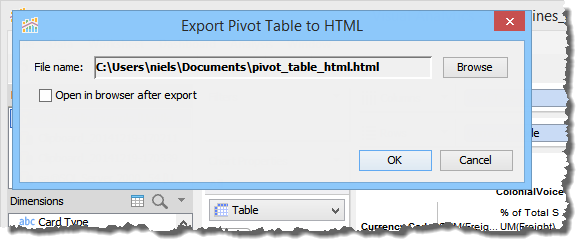 Visual Analytics - Export Table as HTML - Dialog