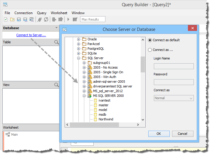 Query Builder - Connect to Server Dialog
