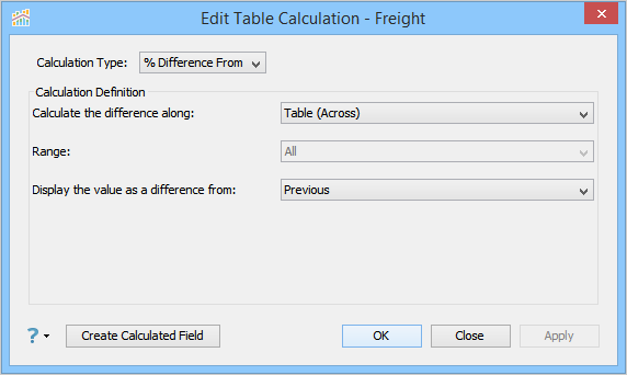 Visual Analytics - Table Calculation - Percent Difference From - Table Across - Previous Settings