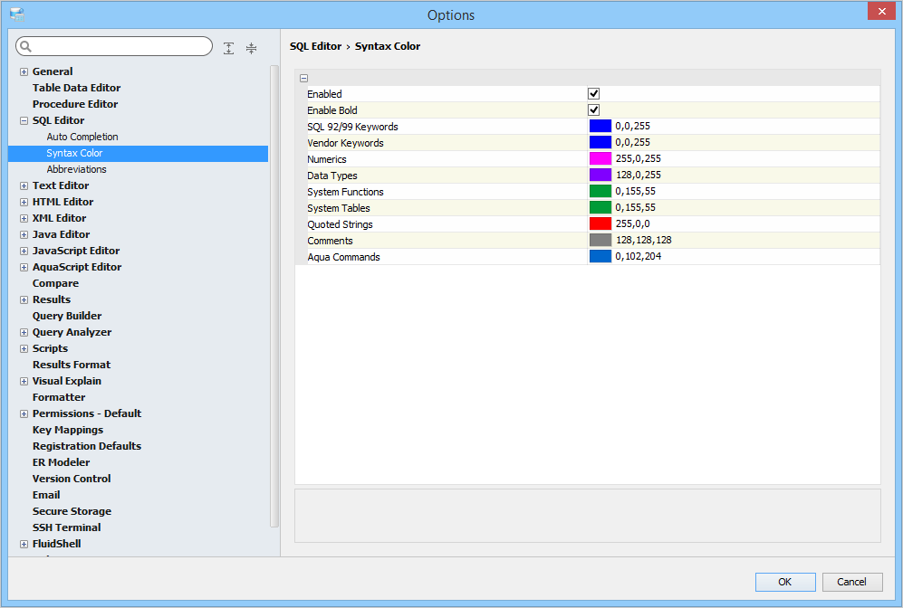 SQL Editor Options - Syntax Coloring - Tabs