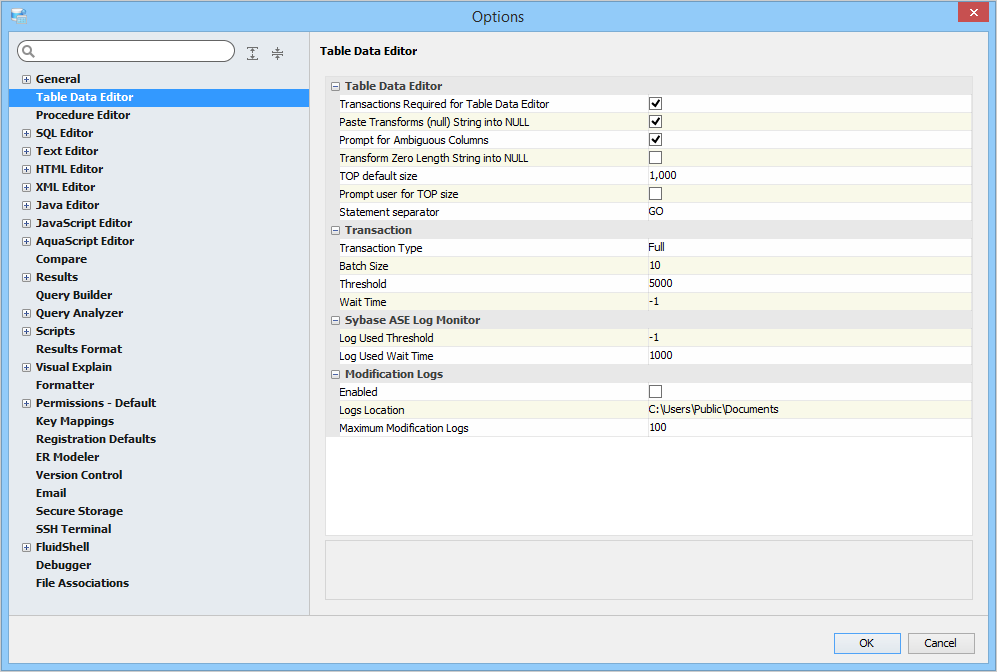 Table Data Editor Options