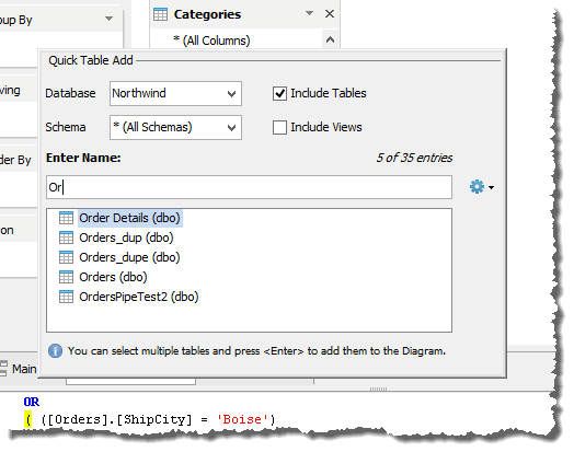 Query Builder - Quick Table Add Dialog