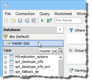 Query Builder Database Chosen from Choose Database Dialog