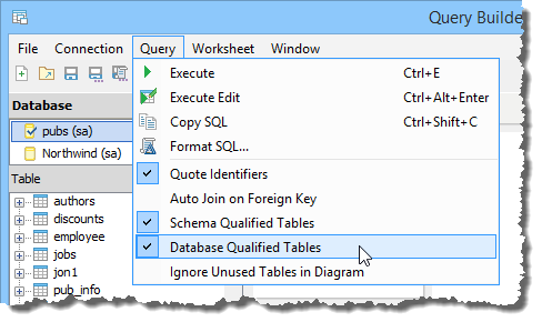 Query Builder Query Options Database Qualified Tables