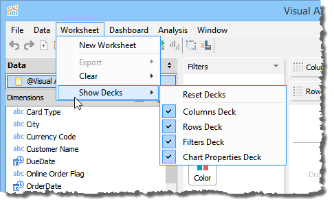 Visual Analytics - Worksheet Menu - Show Hide Workspace Elements