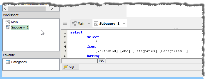 Query Builder - Subquery Tab