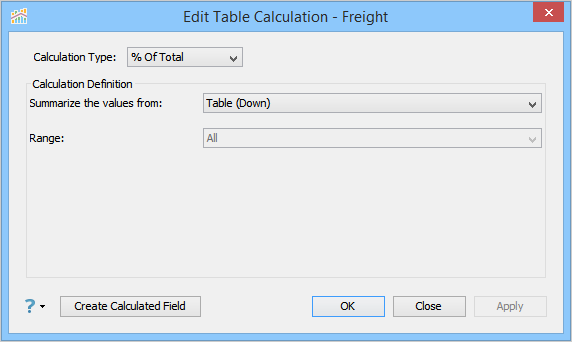 Visual Analytics - Table Calculation - Percent of Total - Table Down Settings